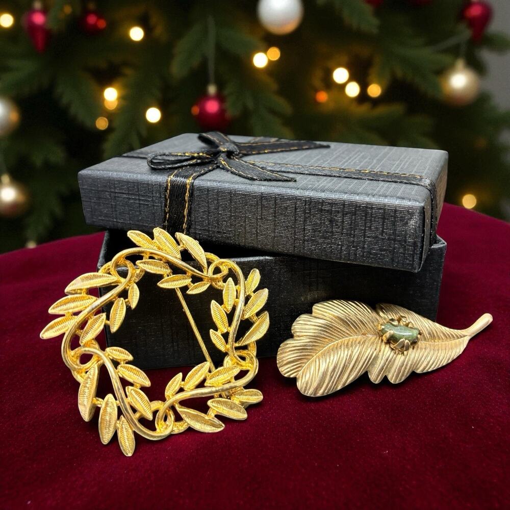 Vintage Gold-Tone Leaf Brooch Lot – Wreath and Feather Designs-gift Box